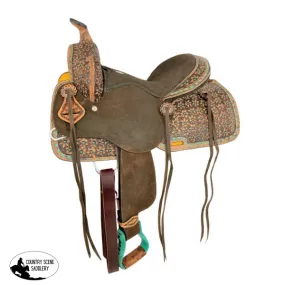 13" Double T  Barrel style saddle with Teal flower and buckstitch accents