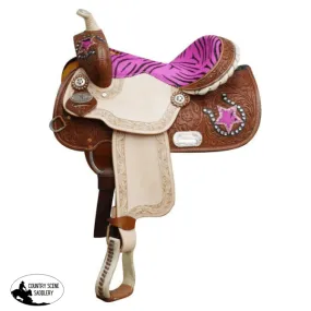 13" Double T Youth/ Pony Saddle with Hair On Zebra Print Seat and Horse Shoe and Star Accents.