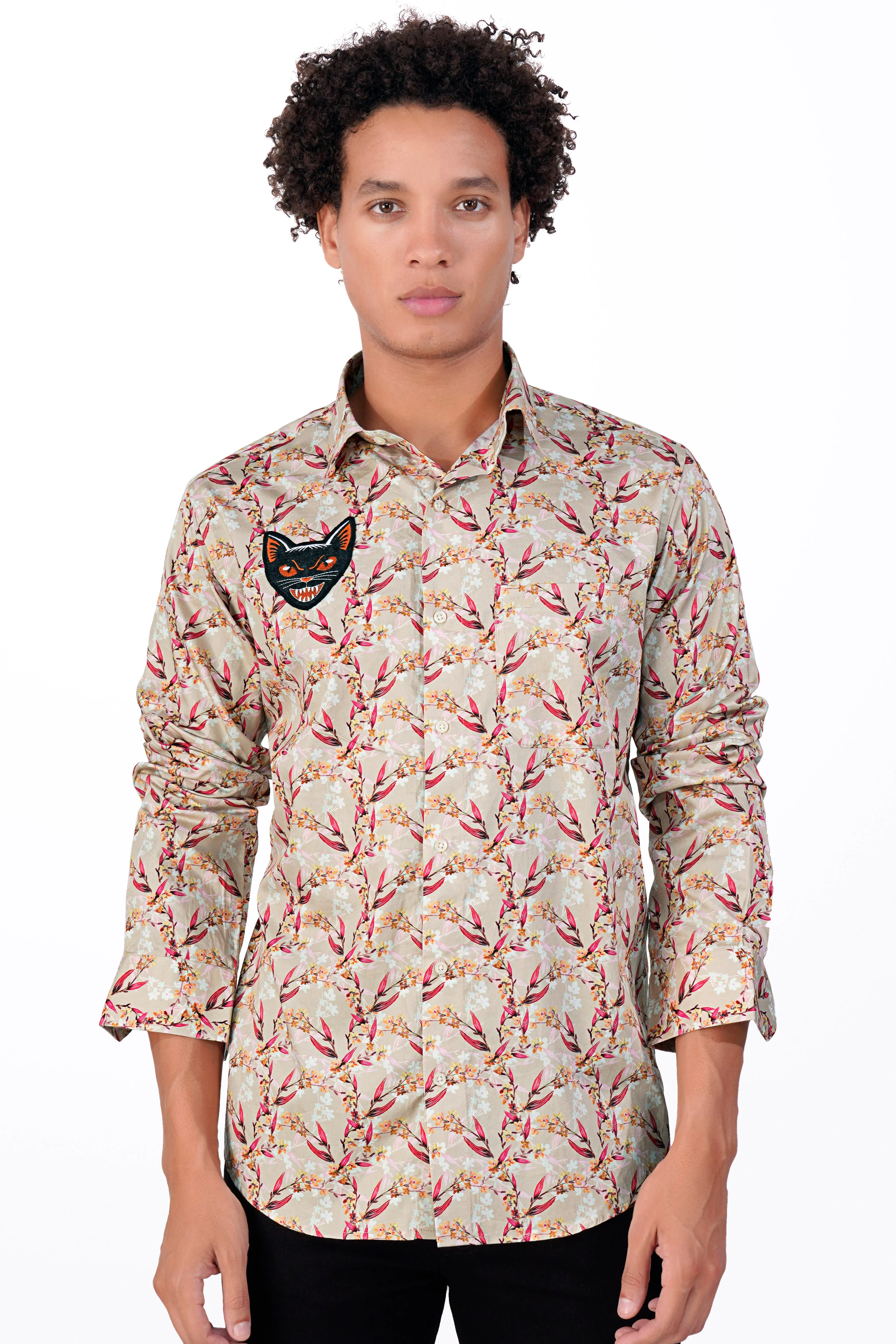 Almond Beige and Cerise Pink Leaves Printed with Cat Patchwork Super Soft Premium Cotton Designer Shirt