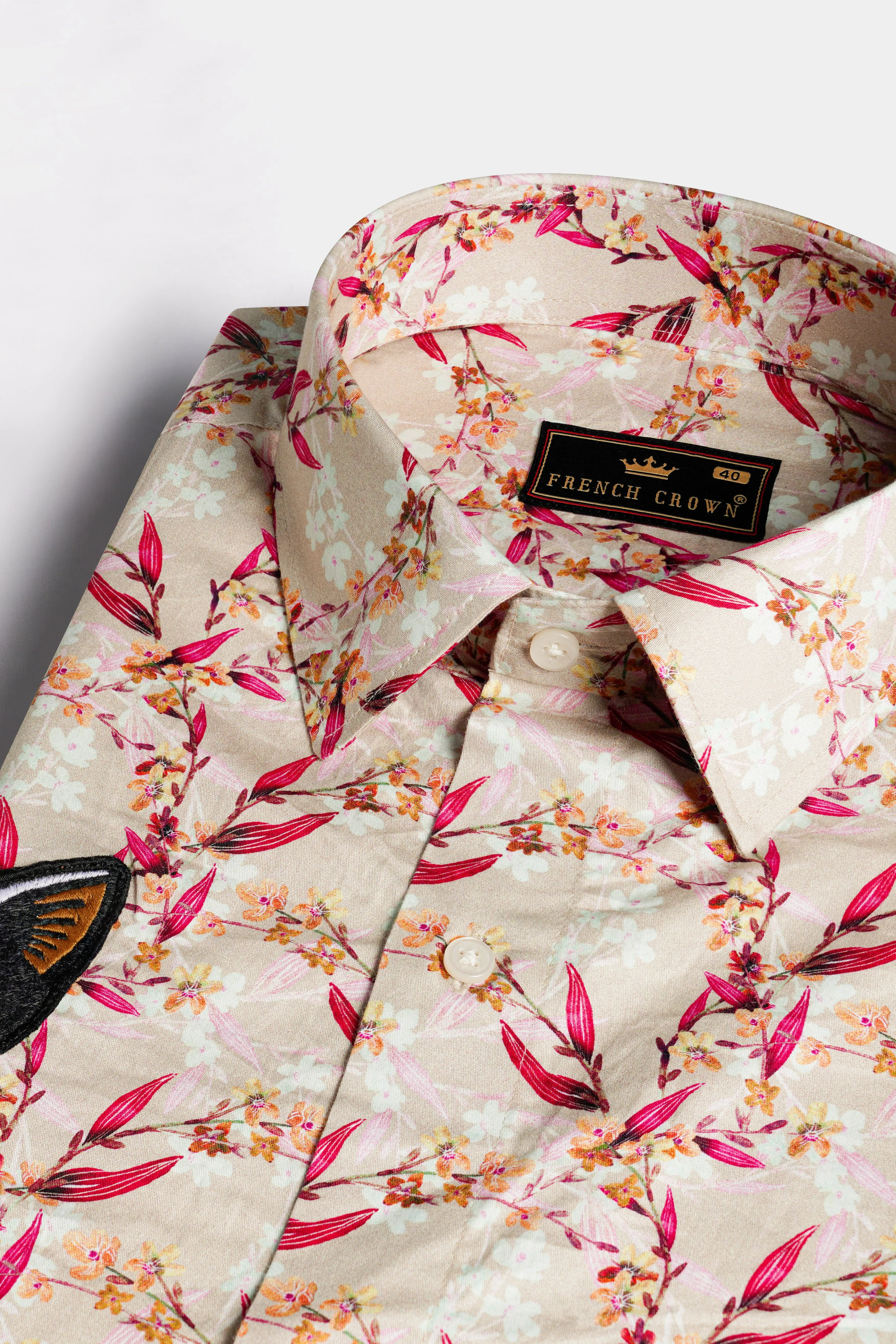 Almond Beige and Cerise Pink Leaves Printed with Cat Patchwork Super Soft Premium Cotton Designer Shirt