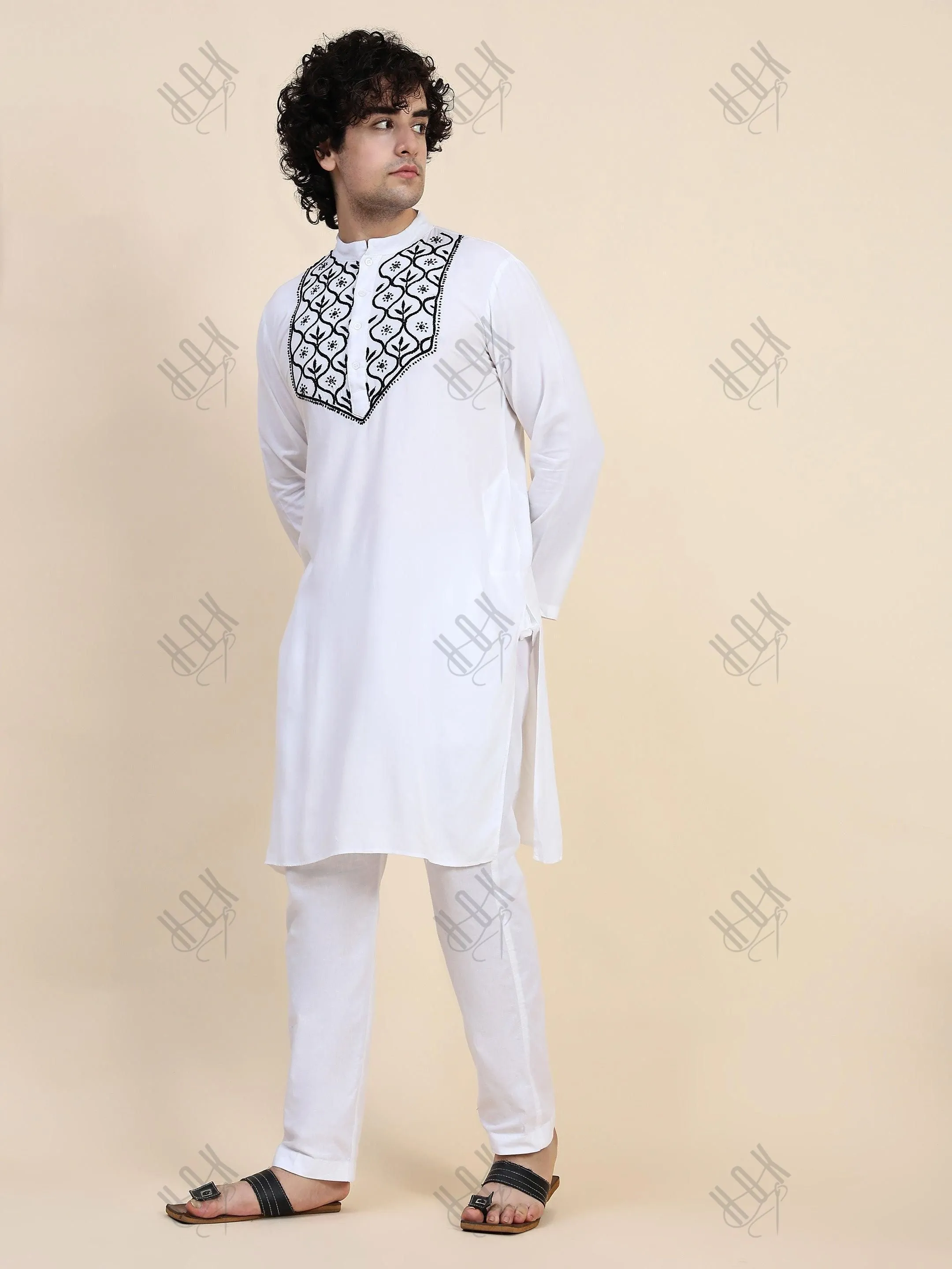 Arun in HOK Men's Chikankari Kurta in Rayon Cotton - White