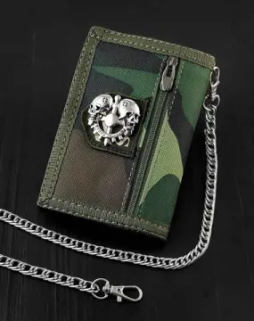 BADASS CAMOUFLAGE Canvas MENS TRIFOLD SMALL BIKER WALLETS CHAIN WALLET WALLET WITH CHAINS FOR MEN