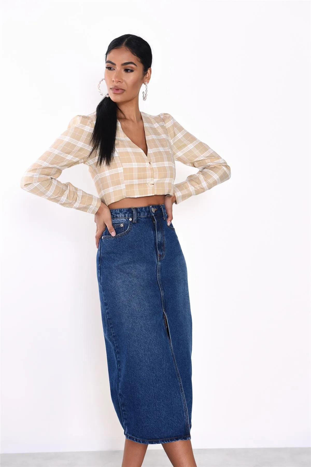 Dark Blue Stonewash Split High Waisted Midi Skirt