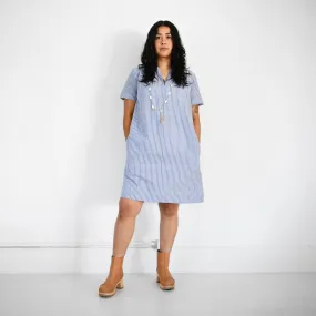 Gathered Neck Khadi Dress - Blue   White Stripe