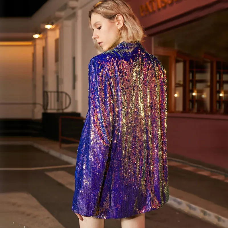 Holographic Lapel Collar Single Breasted Long Sequin Blazer - Purple