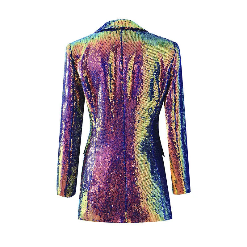 Holographic Lapel Collar Single Breasted Long Sequin Blazer - Purple