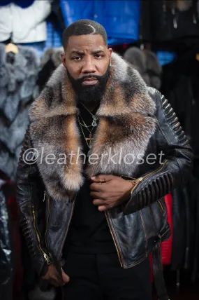 Men's Trey Biker Copper Leather Full Fox Fur Collar